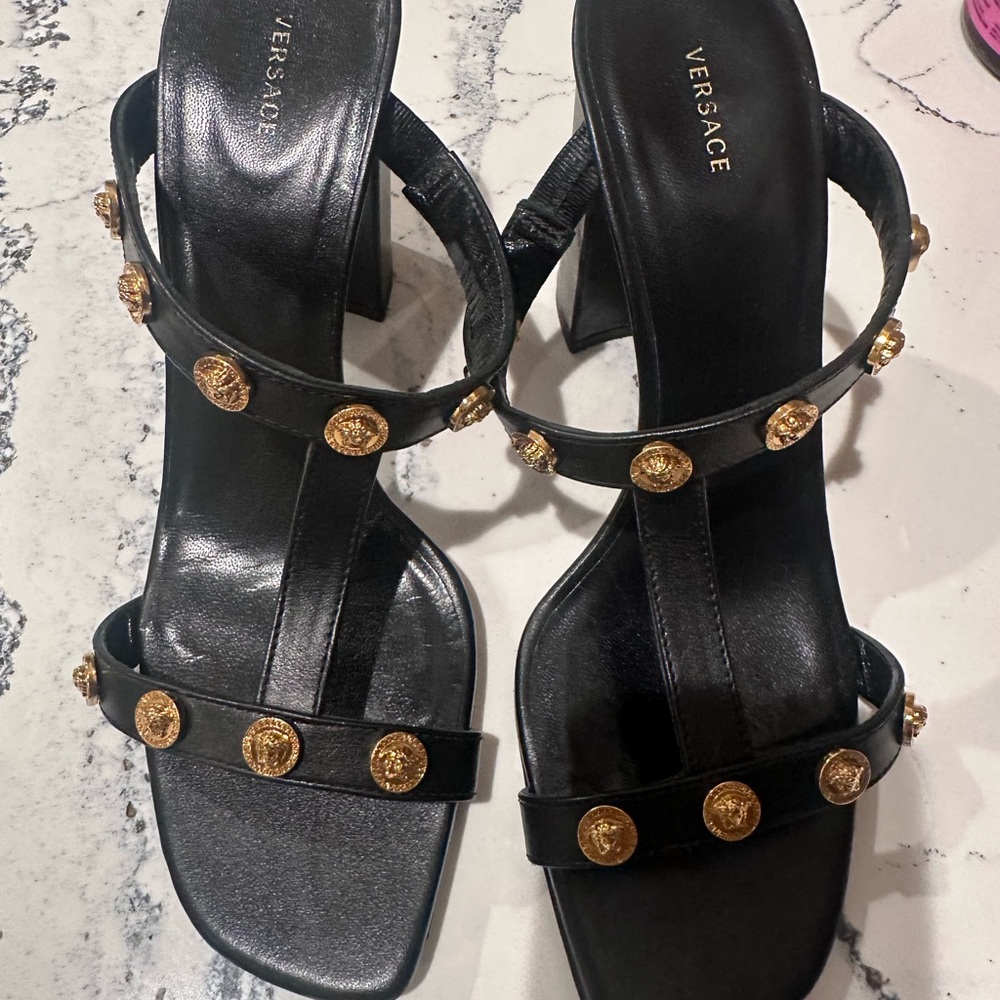 Versace Black Heels with Gold Medallions